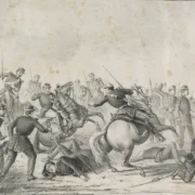 Gravura de Angelo Agostini representa a Batalha de Itororó, em 1868, com soldados brasileiros e cavalaria combatendo pela passagem sobre uma ponte.