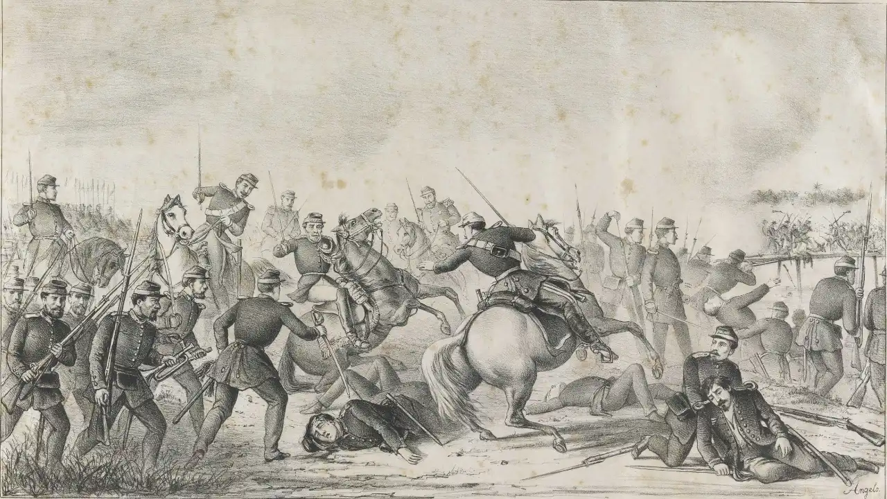 Gravura de Angelo Agostini representa a Batalha de Itororó, em 1868, com soldados brasileiros e cavalaria combatendo pela passagem sobre uma ponte.