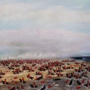 Pintura histórica de Cándido López representa a Batalha de Tuiuti, em 1866, com soldados e cavalaria em combate em terreno pantanoso.