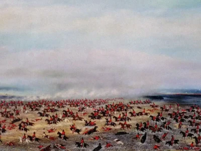 Pintura histórica de Cándido López representa a Batalha de Tuiuti, em 1866, com soldados e cavalaria em combate em terreno pantanoso.