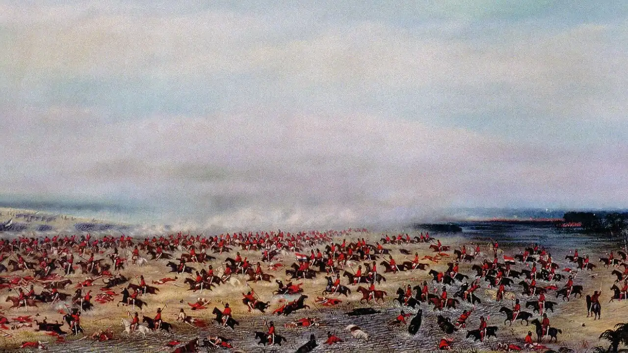 Pintura histórica de Cándido López representa a Batalha de Tuiuti, em 1866, com soldados e cavalaria em combate em terreno pantanoso.