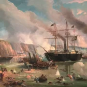Representação histórica da Batalha Naval do Riachuelo, com navios em combate no rio Paraná em 1865.