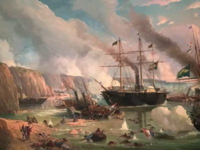 Representação histórica da Batalha Naval do Riachuelo, com navios em combate no rio Paraná em 1865.