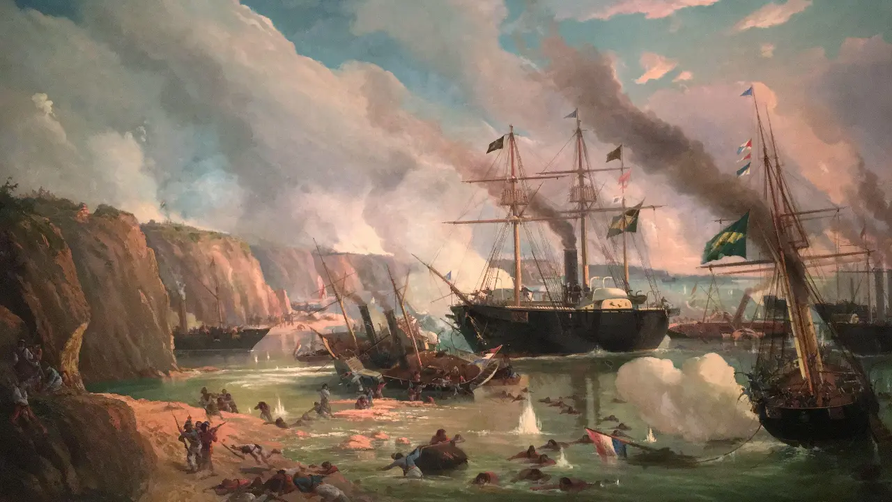 Representação histórica da Batalha Naval do Riachuelo, com navios em combate no rio Paraná em 1865.