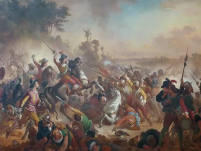 Pintura Batalha dos Guararapes, de Victor Meirelles, representando combatentes em confronto durante a Insurreição Pernambucana.
