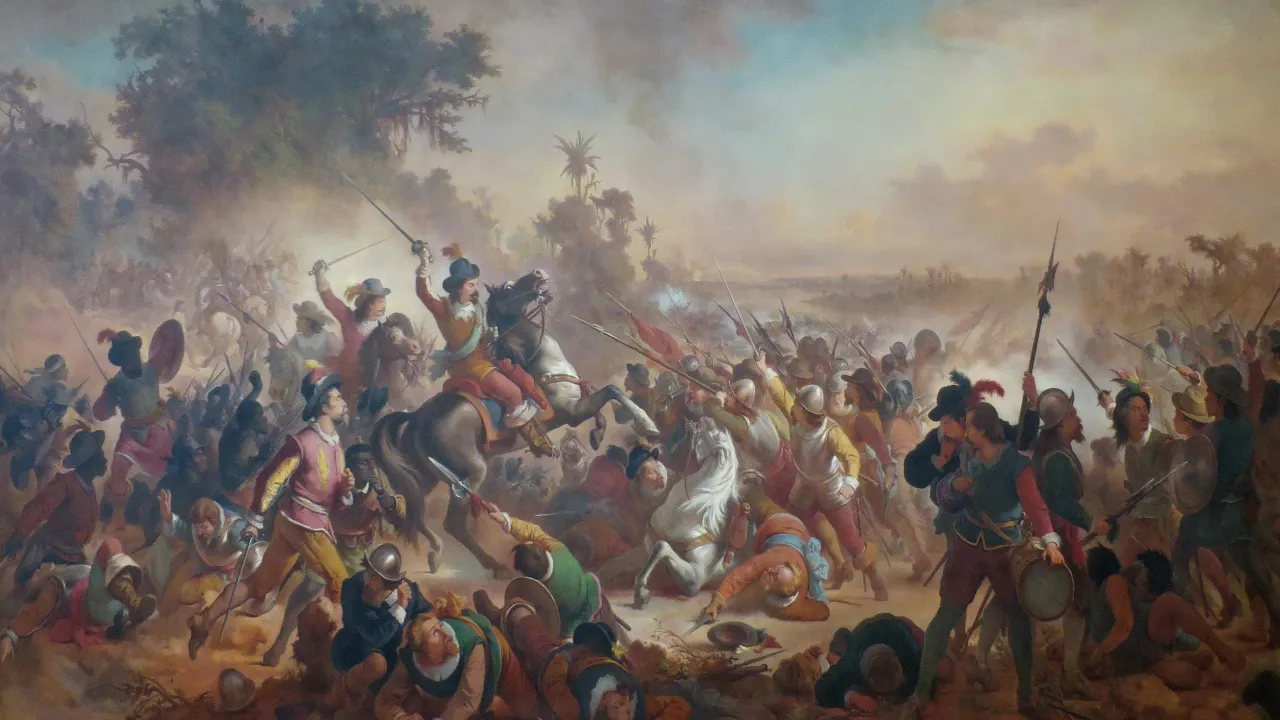 Pintura Batalha dos Guararapes, de Victor Meirelles, representando combatentes em confronto durante a Insurreição Pernambucana. Pintura Batalha dos Guararapes, de Victor Meirelles, representando combatentes em confronto durante a Insurreição Pernambucana.