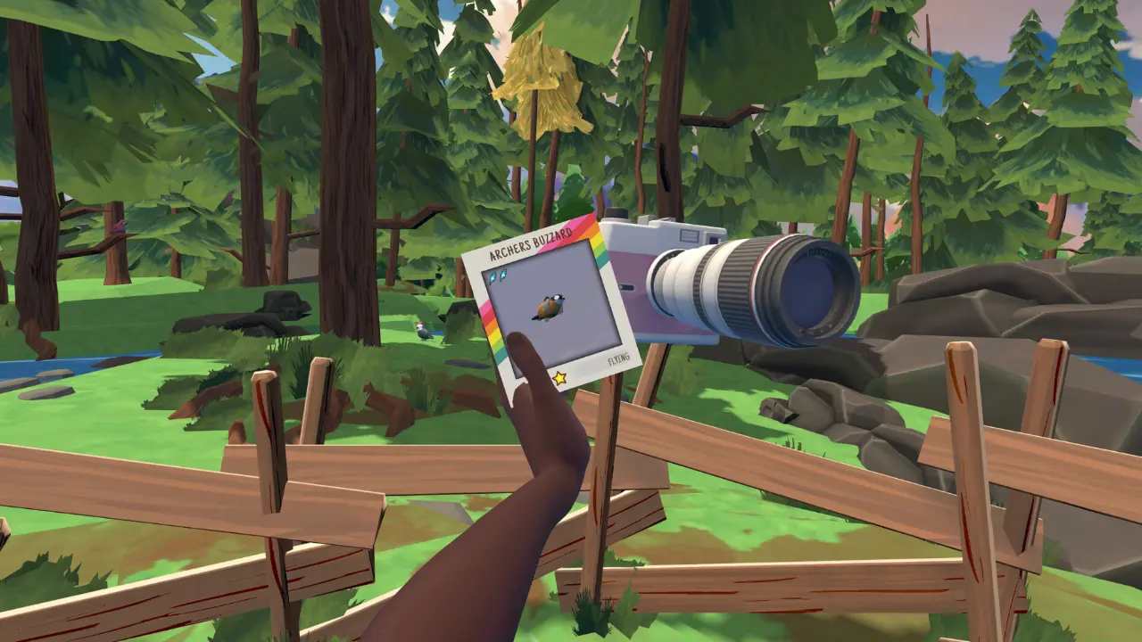 Pássaro colorido em floresta virtual do jogo Birdseed, que permite fotografar aves em realidade virtual.