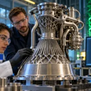 Engenheiros inspecionam componente metálico de motor de foguete fabricado por impressão 3D em laboratório de tecnologia aeroespacial.