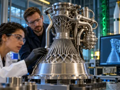 Engenheiros inspecionam componente metálico de motor de foguete fabricado por impressão 3D em laboratório de tecnologia aeroespacial.