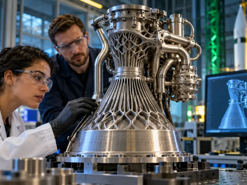 Engenheiros inspecionam componente metálico de motor de foguete fabricado por impressão 3D em laboratório de tecnologia aeroespacial.