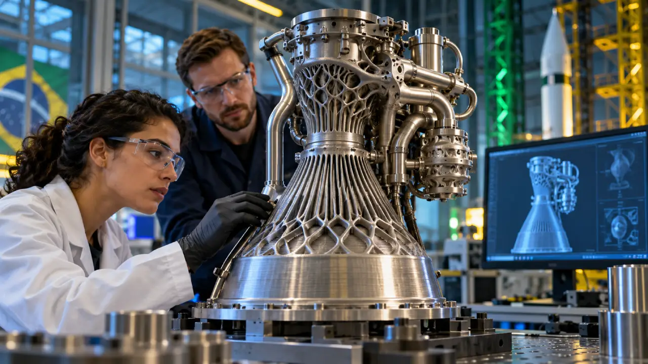 Engenheiros inspecionam componente metálico de motor de foguete fabricado por impressão 3D em laboratório de tecnologia aeroespacial. Engenheiros inspecionam componente metálico de motor de foguete fabricado por impressão 3D em laboratório de tecnologia aeroespacial.