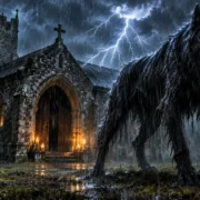 Ilustração de Black Shuck, um enorme cão negro de olhos vermelhos, diante de uma igreja inglesa durante uma tempestade com raios.