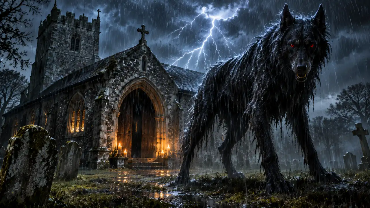 Ilustração de Black Shuck, um enorme cão negro de olhos vermelhos, diante de uma igreja inglesa durante uma tempestade com raios. Ilustração de Black Shuck, um enorme cão negro de olhos vermelhos, diante de uma igreja inglesa durante uma tempestade com raios.
