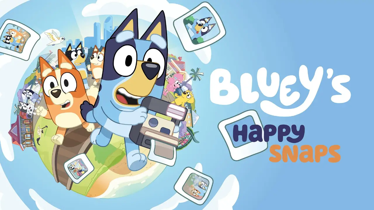 Bluey e Bingo exploram cenário colorido em Bluey's Happy Snaps, jogo de aventura fotográfica com dublagem em português brasileiro.