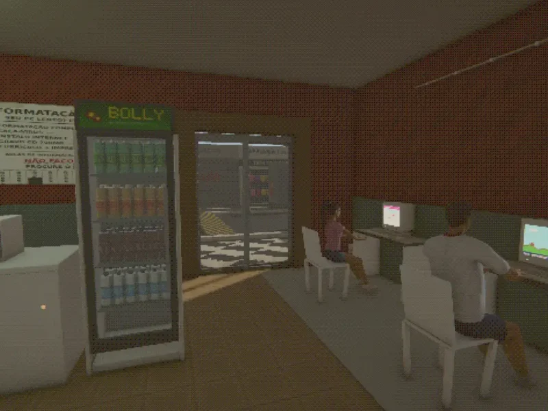 Interior de uma lan house brasileira no jogo Brazilian LAN House 2003, com computadores antigos e clientes utilizando as máquinas.