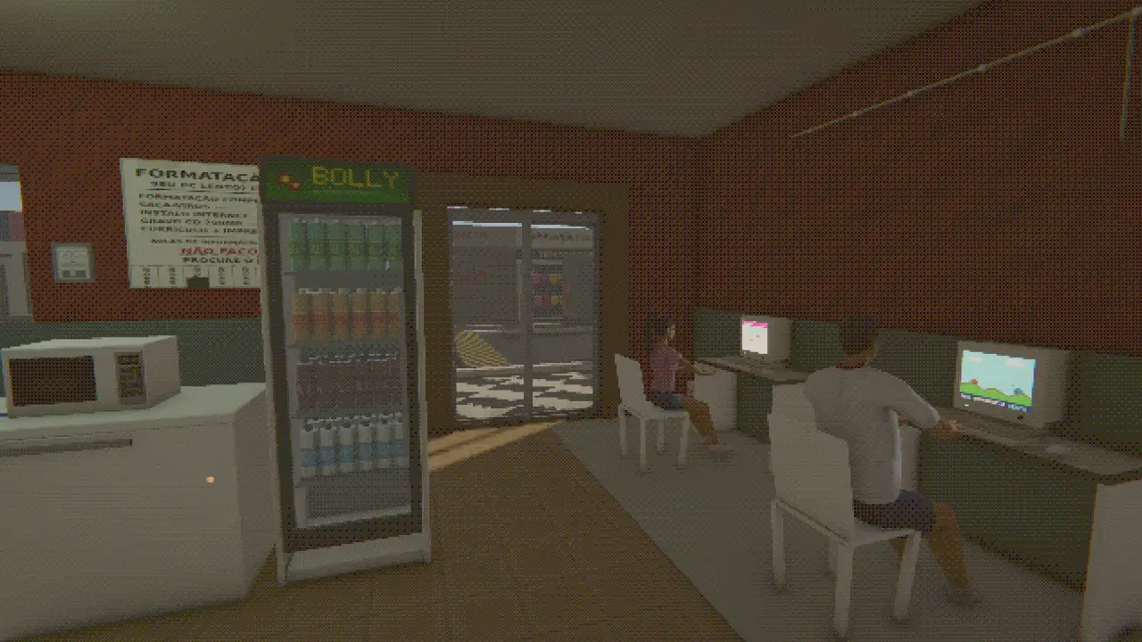Interior de uma lan house brasileira no jogo Brazilian LAN House 2003, com computadores antigos e clientes utilizando as máquinas.