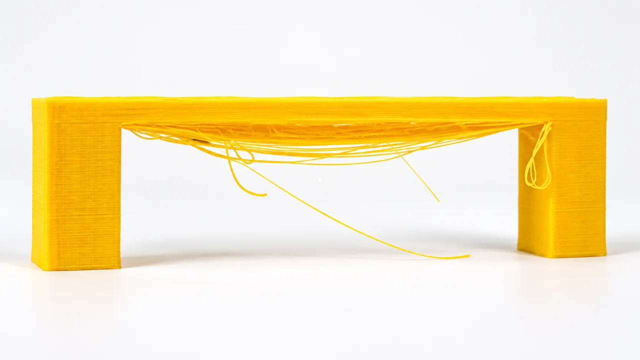 Peça de teste de impressão 3D com linhas de filamento suspensas entre dois pilares, demonstrando a técnica de bridging.