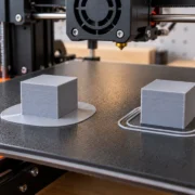 Dois cubos impressos em 3D demonstram a diferença entre Brim, com borda aderida à base, e Skirt, com linhas separadas ao redor da peça.