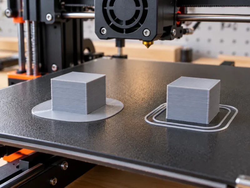 Dois cubos impressos em 3D demonstram a diferença entre Brim, com borda aderida à base, e Skirt, com linhas separadas ao redor da peça.