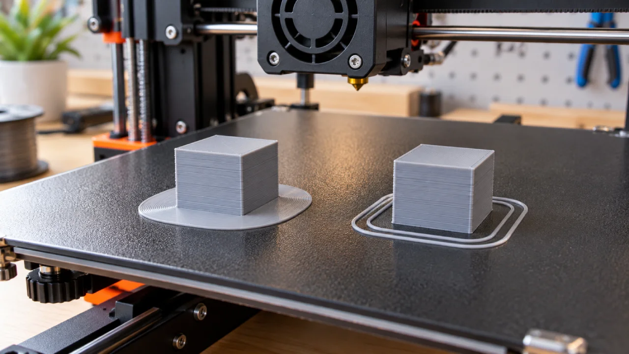 Dois cubos impressos em 3D demonstram a diferença entre Brim, com borda aderida à base, e Skirt, com linhas separadas ao redor da peça.