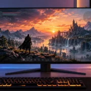 Monitor gamer OLED exibe cenário de fantasia com elementos de interface sobrepostos, ilustrando o risco de burn-in durante jogos no PC.