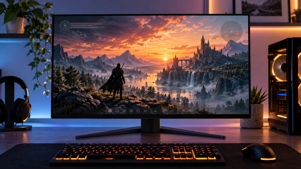 Monitor gamer OLED exibe cenário de fantasia com elementos de interface sobrepostos, ilustrando o risco de burn-in durante jogos no PC. Monitor gamer OLED exibe cenário de fantasia com elementos de interface sobrepostos, ilustrando o risco de burn-in durante jogos no PC.