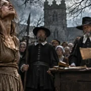 Mulher acusada de bruxaria aparece amarrada diante de magistrados e moradores em uma representação histórica de julgamento na Europa.