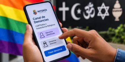 Pessoa acessa pelo celular o canal de denúncias contra LGBTfobia e intolerância religiosa em Niterói