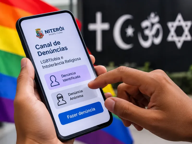Pessoa acessa pelo celular o canal de denúncias contra LGBTfobia e intolerância religiosa em Niterói