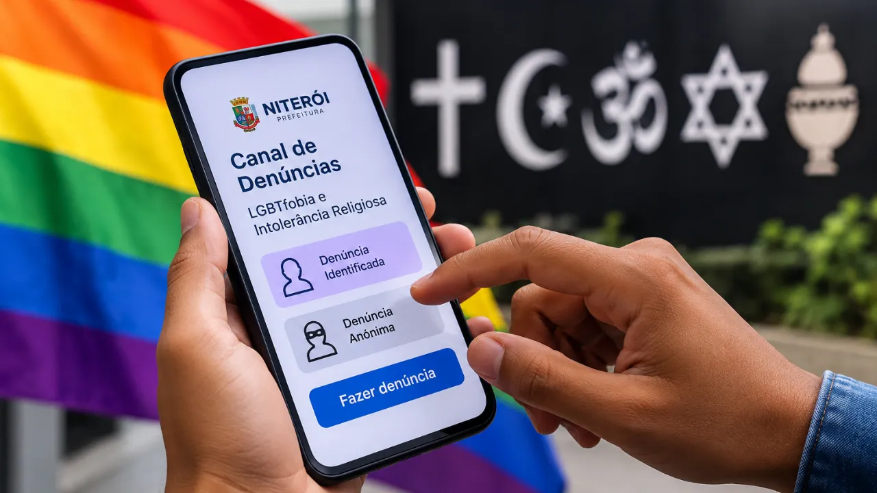 Pessoa acessa pelo celular o canal de denúncias contra LGBTfobia e intolerância religiosa em Niterói