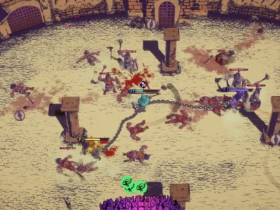 Gladiadores lutam acorrentados em uma arena de Chained Beasts, jogo cooperativo para até quatro participantes.