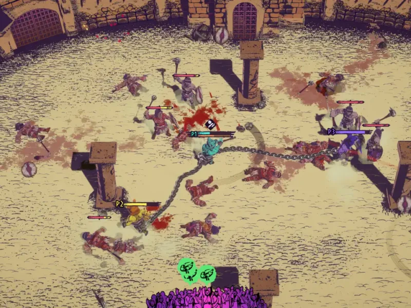 Gladiadores lutam acorrentados em uma arena de Chained Beasts, jogo cooperativo para até quatro participantes.