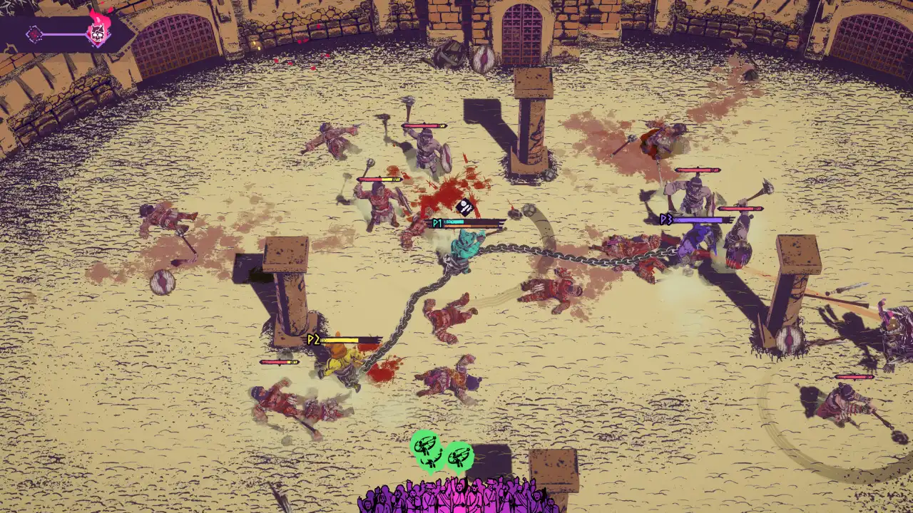 Gladiadores lutam acorrentados em uma arena de Chained Beasts, jogo cooperativo para até quatro participantes.