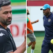 Rafael Lacerda, técnico da Chapecoense, e Marcão, treinador do Fluminense, antes do confronto pela 32ª rodada do Brasileirão 2026.