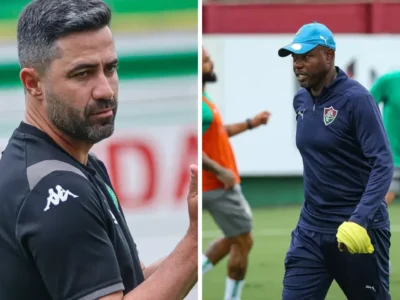 Rafael Lacerda, técnico da Chapecoense, e Marcão, treinador do Fluminense, antes do confronto pela 32ª rodada do Brasileirão 2026.