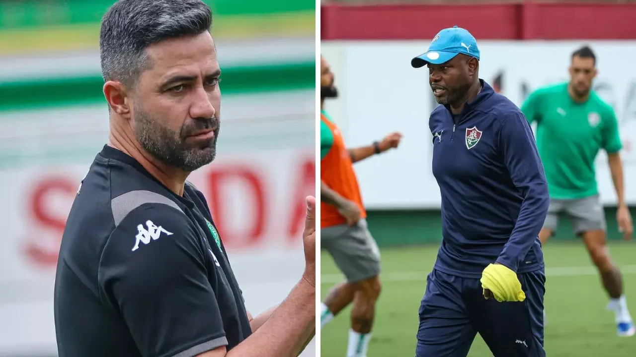 Rafael Lacerda, técnico da Chapecoense, e Marcão, treinador do Fluminense, antes do confronto pela 32ª rodada do Brasileirão 2026.