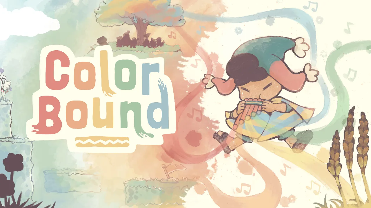 Anku explora cenário de plataformas coloridas no jogo Colorbound, aventura de quebra-cabeças desenvolvida no Chile.