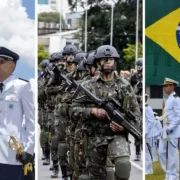 Militares das Forças Armadas brasileiras representando Exército, Marinha e Aeronáutica.
