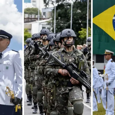 Militares das Forças Armadas brasileiras representando Exército, Marinha e Aeronáutica.