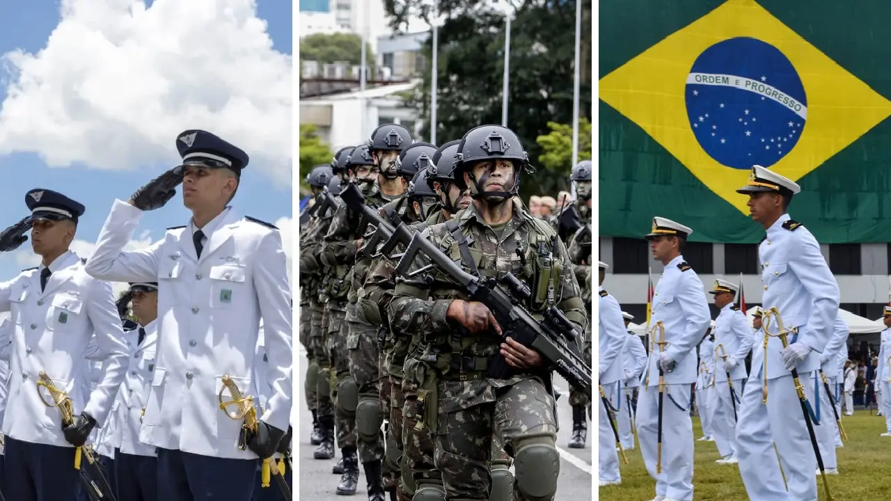 Militares das Forças Armadas brasileiras representando Exército, Marinha e Aeronáutica.