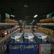 Interior sombrio de loja de conveniência em Corner Shop: NightShift, com prateleiras de produtos e uma figura ameaçadora ao fundo.