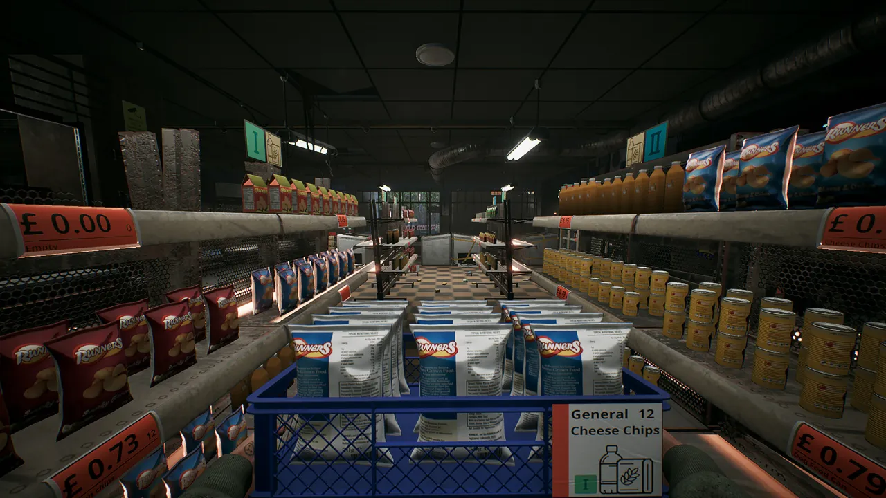 Interior sombrio de loja de conveniência em Corner Shop: NightShift, com prateleiras de produtos e uma figura ameaçadora ao fundo.