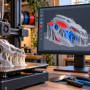 Impressora 3D produz uma peça com estruturas de suporte, enquanto um monitor exibe um modelo tridimensional com áreas vermelhas e azuis que ilustram a pintura de suportes no Cura 5.14.