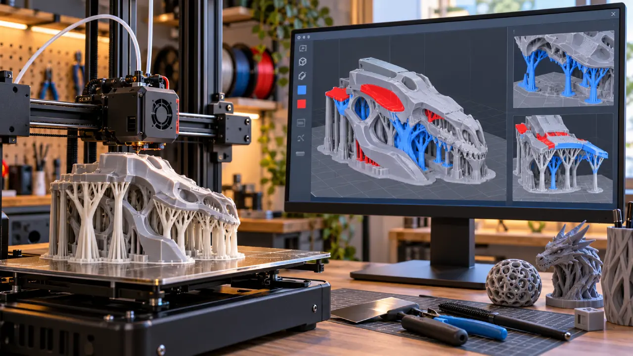 Impressora 3D produz uma peça com estruturas de suporte, enquanto um monitor exibe um modelo tridimensional com áreas vermelhas e azuis que ilustram a pintura de suportes no Cura 5.14.