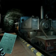 Cena do jogo Dark Trip mostra uma locomotiva antiga em uma estação subterrânea escura, enquanto o personagem segura um documento.
