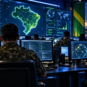 Militares brasileiros em uma central ilustrativa de defesa cibernética, com computadores e painéis digitais de monitoramento de redes.