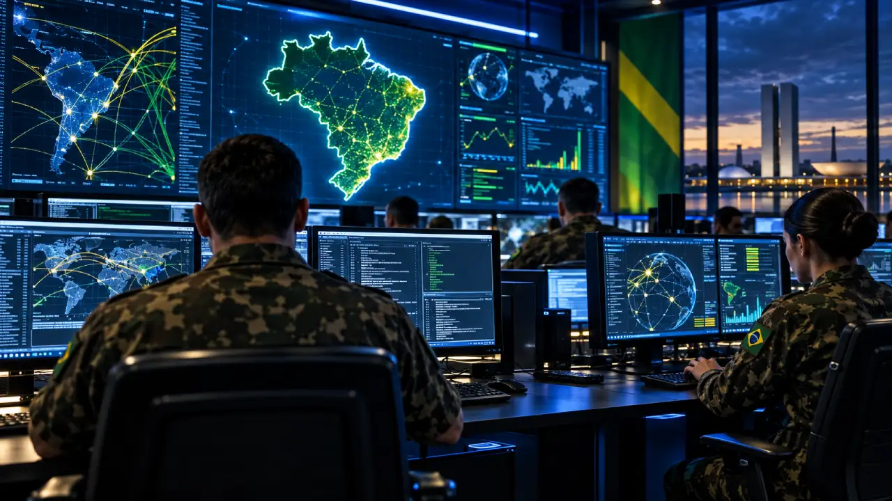 Militares brasileiros em uma central ilustrativa de defesa cibernética, com computadores e painéis digitais de monitoramento de redes.