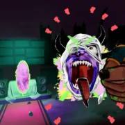 Cabeças demoníacas estilizadas no jogo de realidade virtual Demon Face Punching Club.