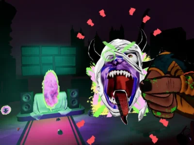 Cabeças demoníacas estilizadas no jogo de realidade virtual Demon Face Punching Club.