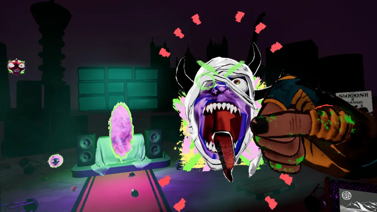 Cabeças demoníacas estilizadas no jogo de realidade virtual Demon Face Punching Club.